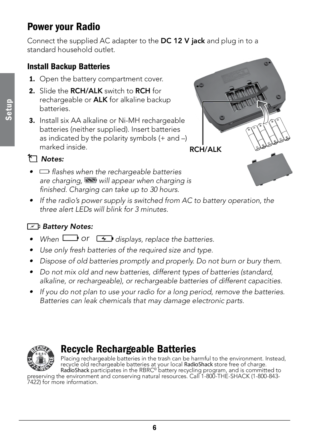 Radio Shack 12-519 manual Power your Radio, Recycle Rechargeable Batteries, Install Backup Batteries 