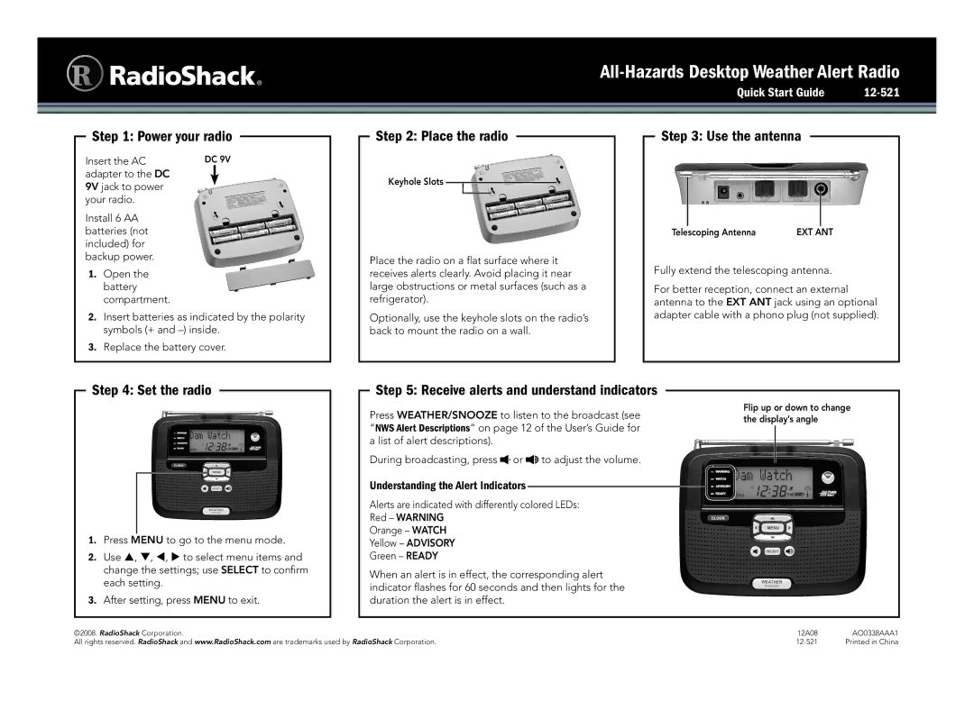 Radio Shack 12-521 quick start All-Hazards Desktop Weather Alert Radio 