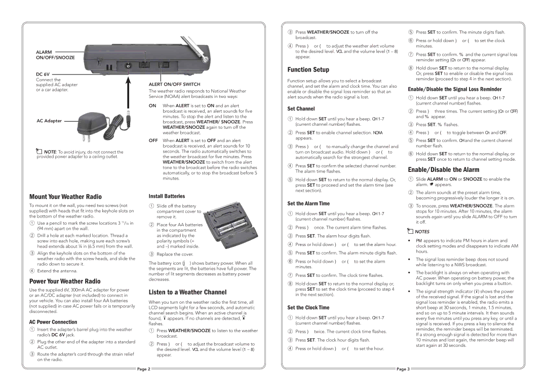 Radio Shack 12-550 manual Function Setup, Enable/Disable the Alarm, Mount Your Weather Radio, Power Your Weather Radio 