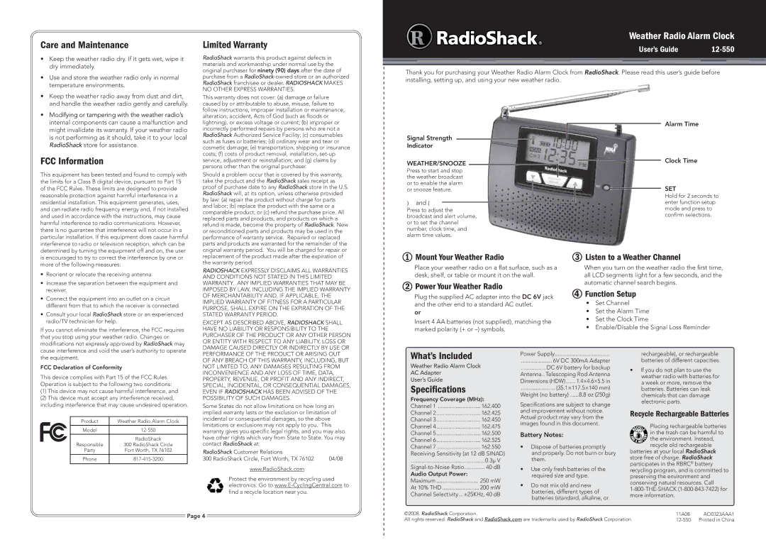 Radio Shack 12-550 manual Care and Maintenance, Limited Warranty, FCC Information, What’s Included, Speciﬁcations 