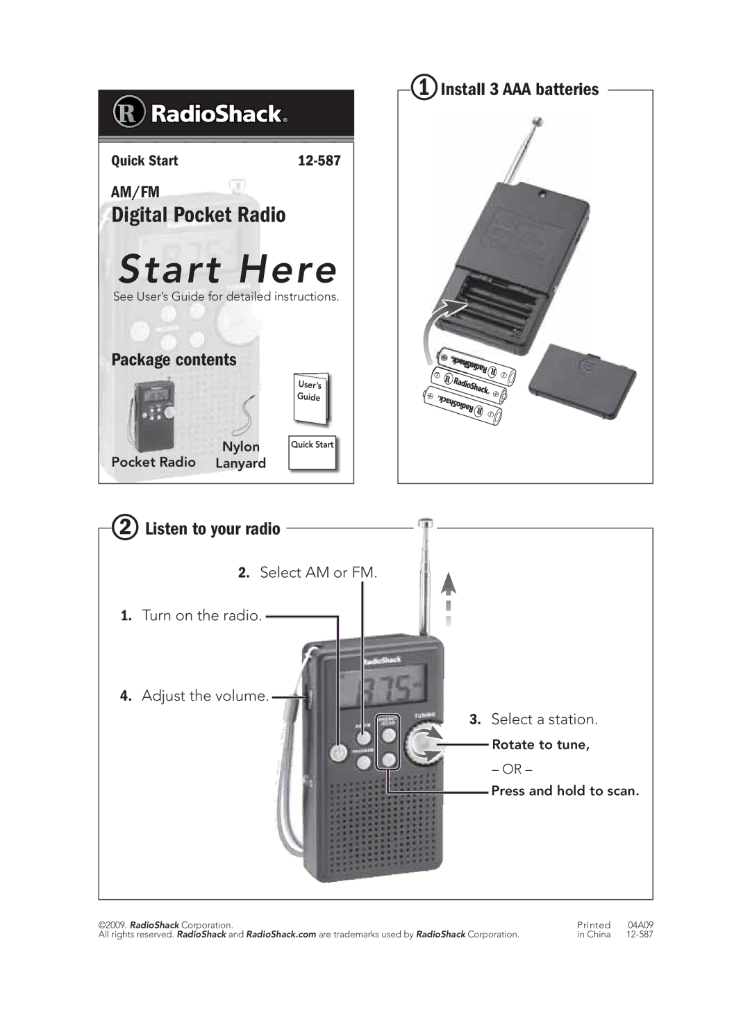 Radio Shack 12-587 quick start Package contents 