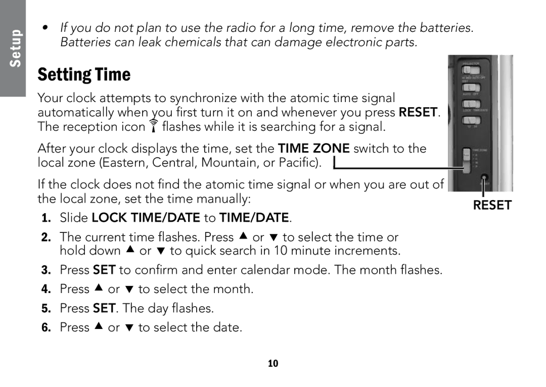 Radio Shack 12-591 manual Setting Time, Slide Lock TIME/DATE to TIME/DATE 