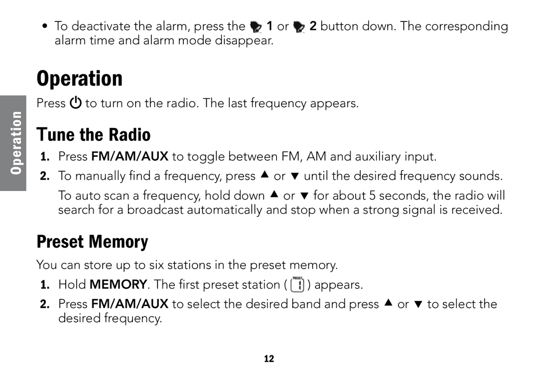 Radio Shack 12-591 manual Operation, Tune the Radio, Preset Memory 