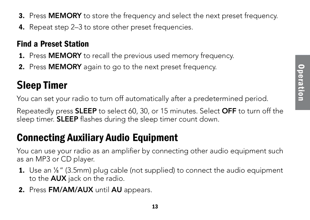 Radio Shack 12-591 manual Sleep Timer, Connecting Auxiliary Audio Equipment 