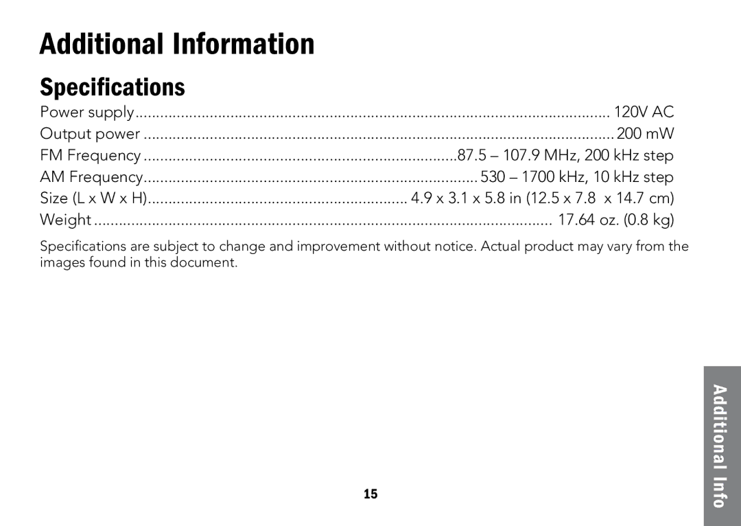 Radio Shack 12-591 manual Additional Information, Specifications 