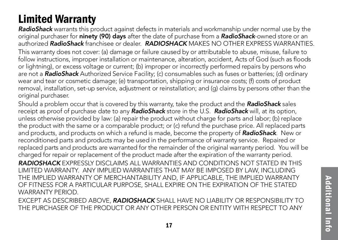 Radio Shack 12-591 manual Limited Warranty 