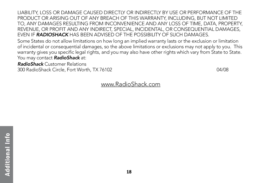 Radio Shack 12-591 manual Additional Info 