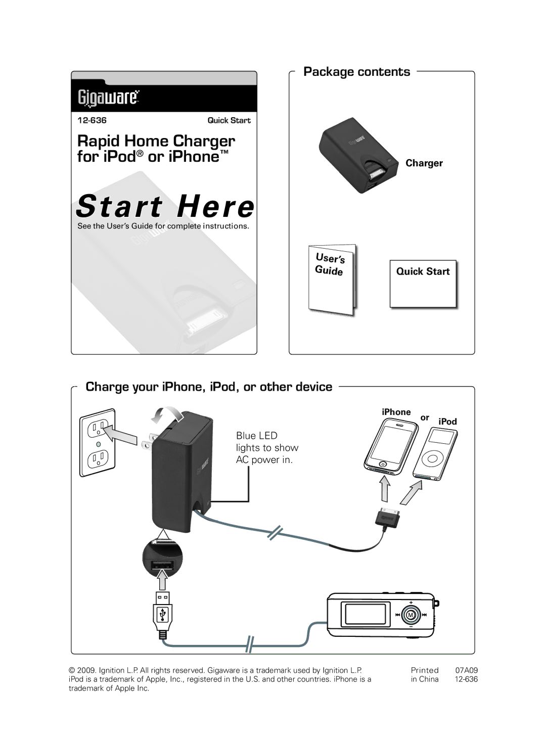 Radio Shack 12-636 quick start Start Here, Package contents, Charge your iPhone, iPod, or other device 