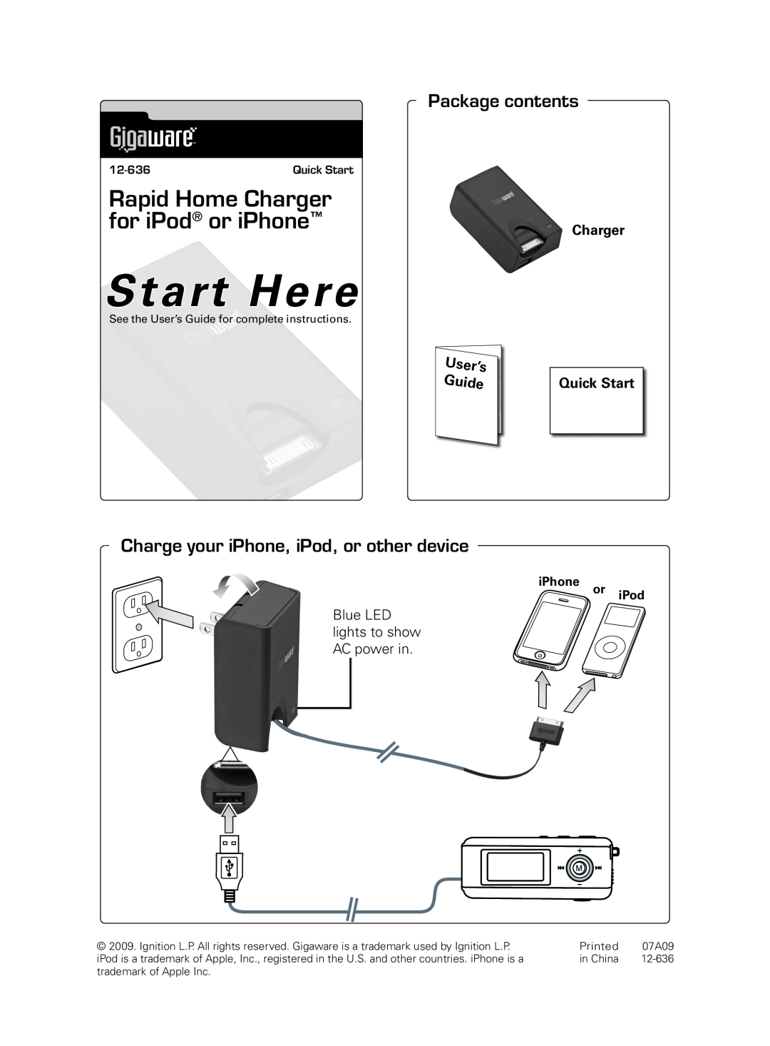 Radio Shack 12-636 quick start Start Here, Rapid Home Charger for iPod or iPhone, Package contents, User’s, Guide 