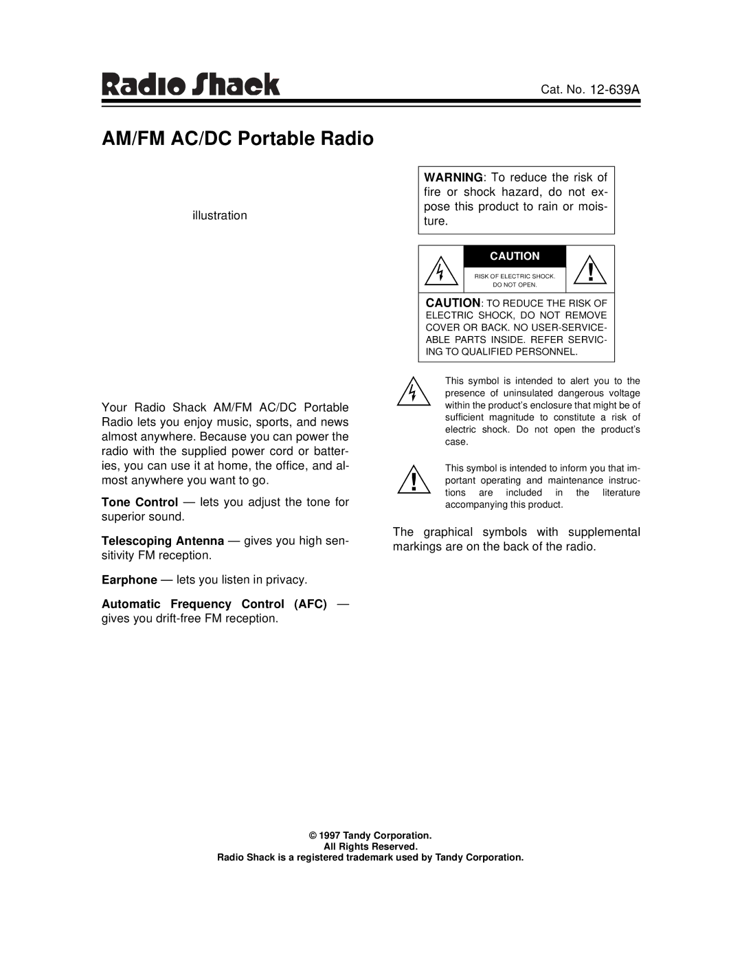 Radio Shack 12-639A user service AM/FM AC/DC Portable Radio 