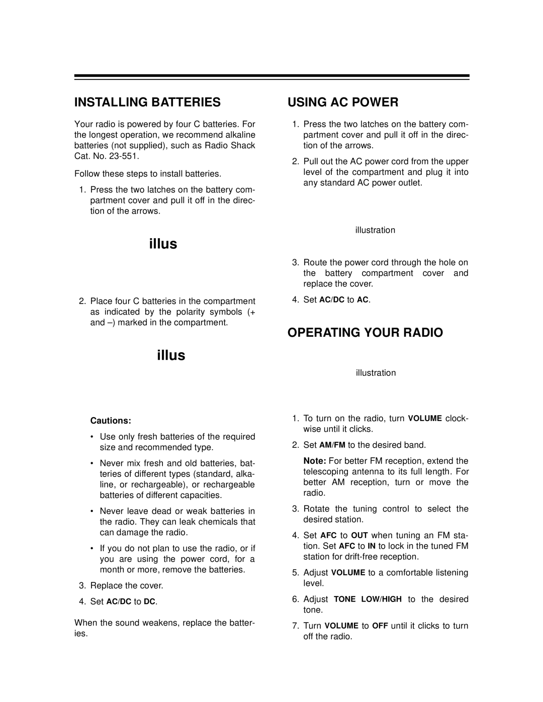 Radio Shack 12-639A user service Illus, Installing Batteries, Using AC Power, Operating Your Radio 