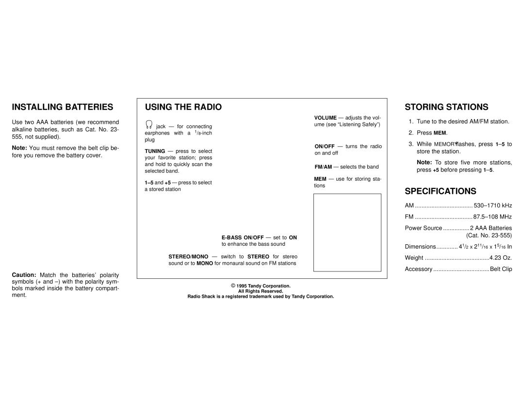 Radio Shack 12-749 owner manual Installing Batteries, Using the Radio, Storing Stations, Specifications 