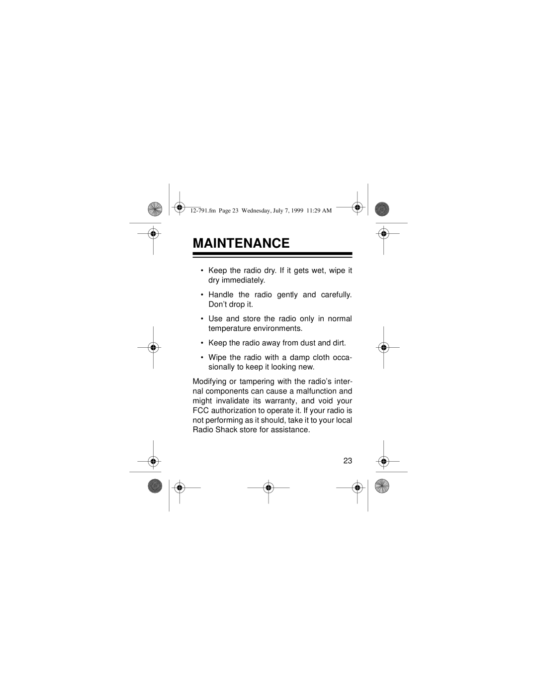 Radio Shack 12-791 owner manual Maintenance 