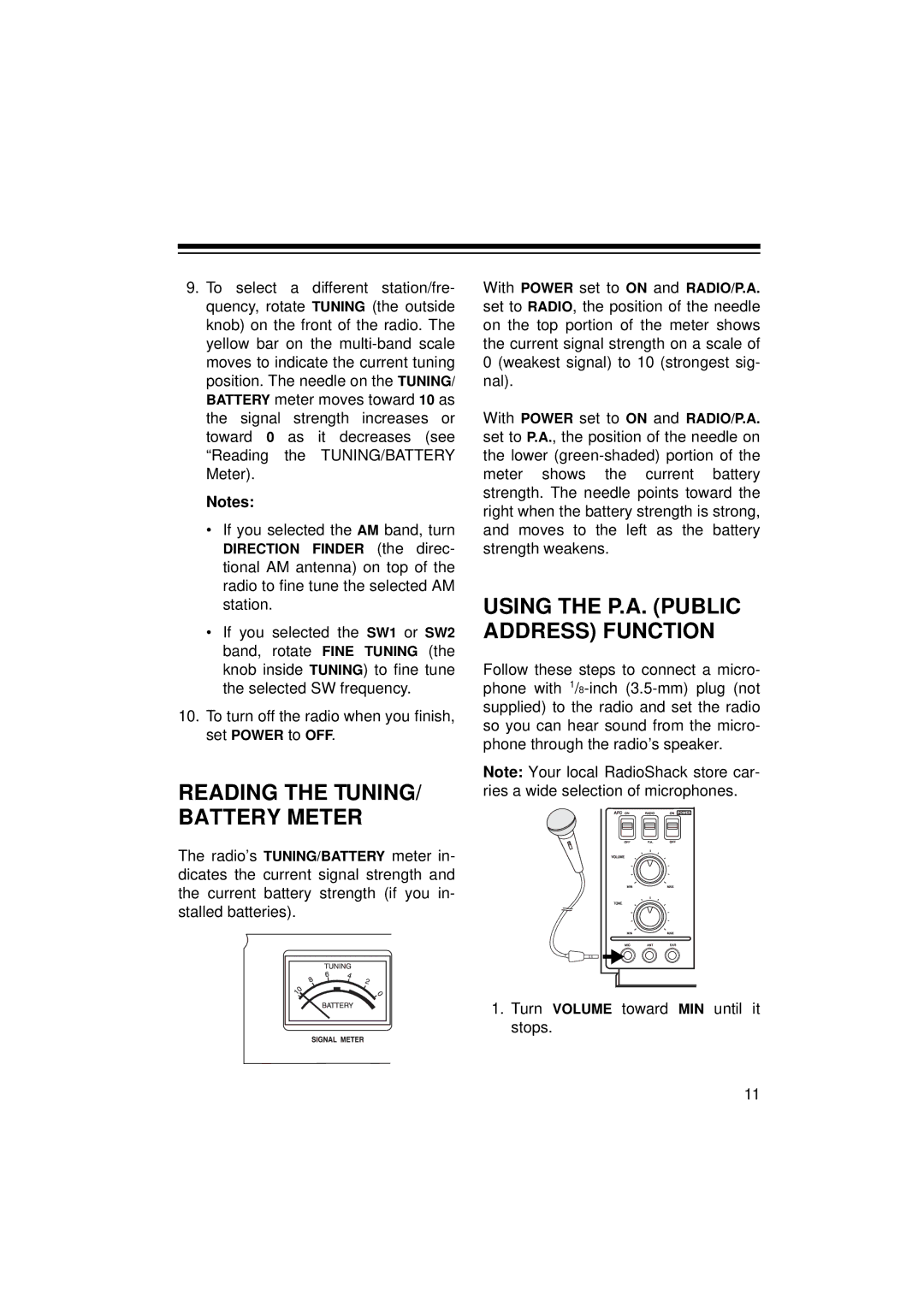 Radio Shack 12-795 owner manual Reading the TUNING/ Battery Meter, Using the P.A. Public Address Function 