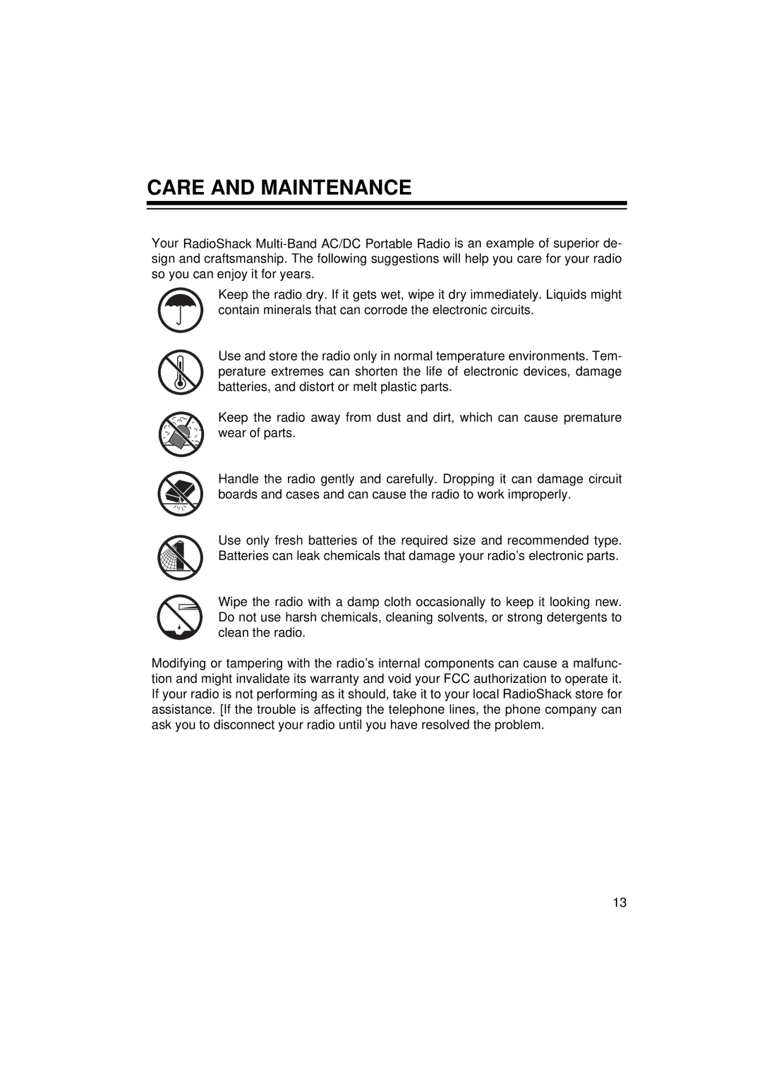 Radio Shack 12-795 owner manual Care and Maintenance 