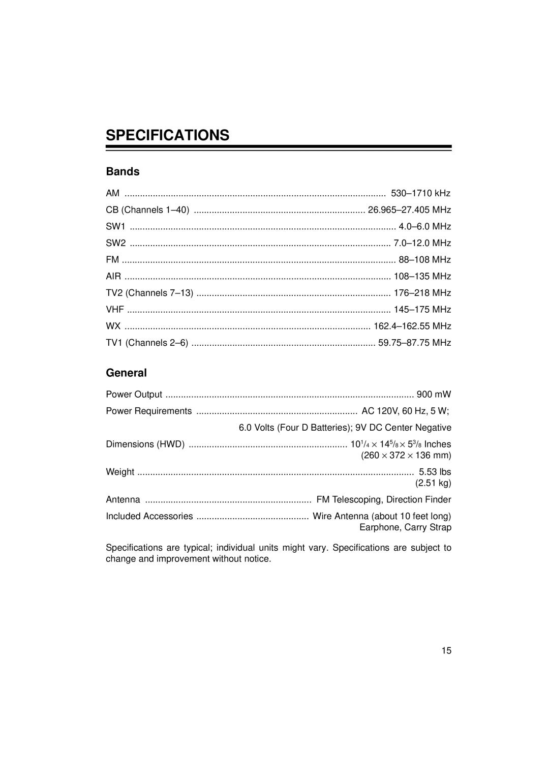 Radio Shack 12-795 owner manual Specifications, Bands, General 