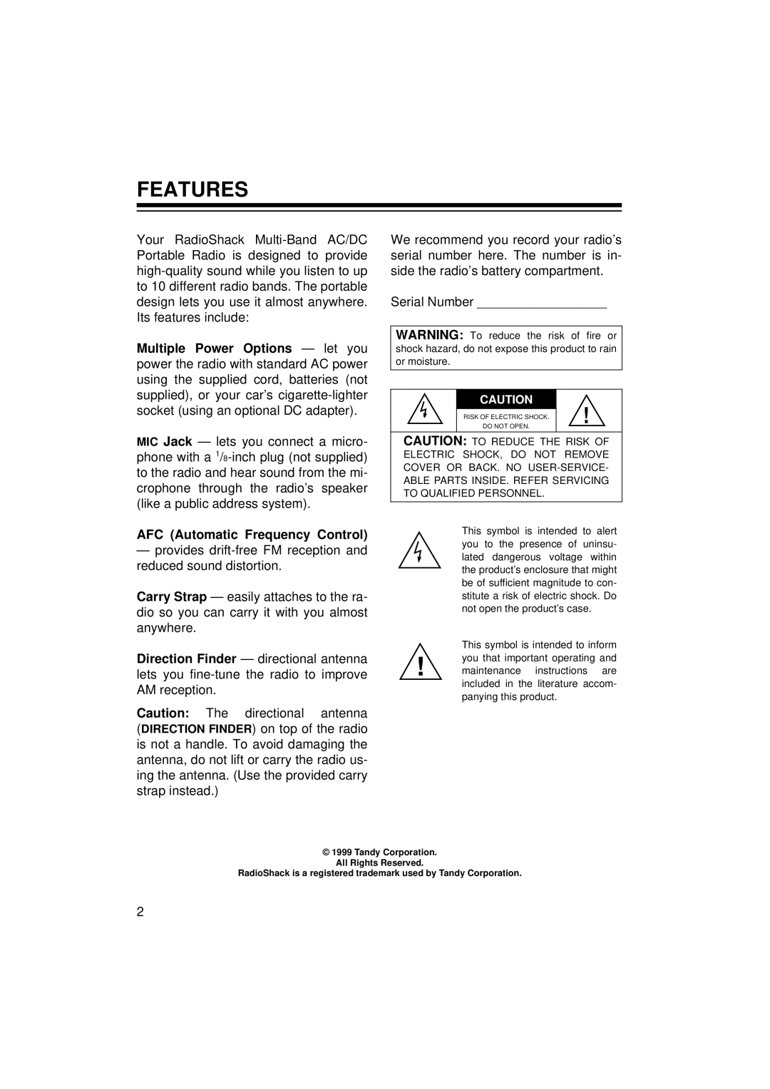 Radio Shack 12-795 owner manual Features, AFC Automatic Frequency Control 