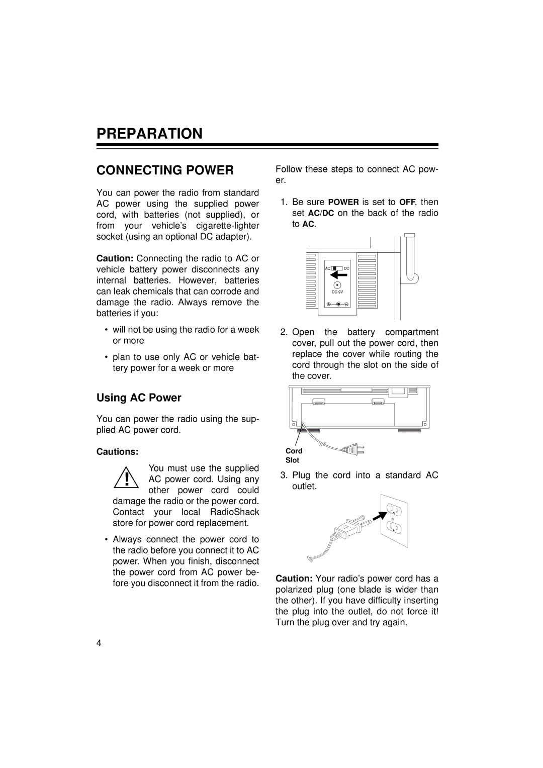 Radio Shack 12-795 owner manual Preparation, Connecting Power, Using AC Power 