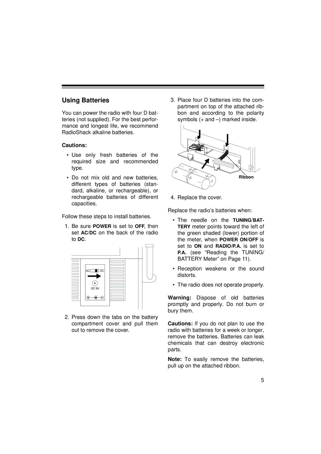 Radio Shack 12-795 owner manual Using Batteries, Replace the cover Replace the radio’s batteries when 