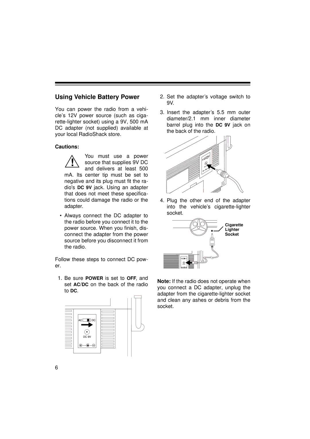 Radio Shack 12-795 owner manual Using Vehicle Battery Power 