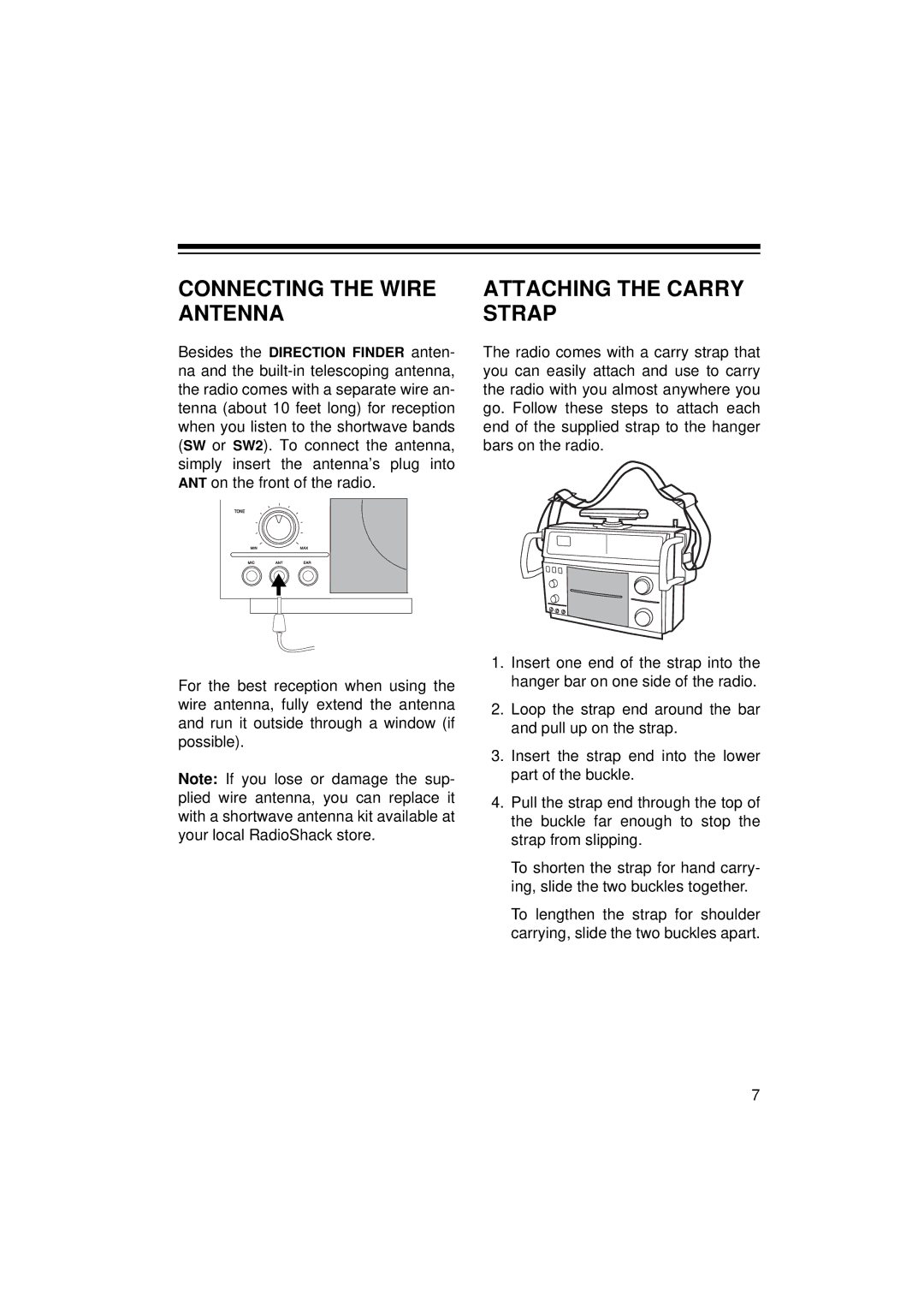 Radio Shack 12-795 owner manual Connecting the Wire Antenna, Attaching the Carry Strap 