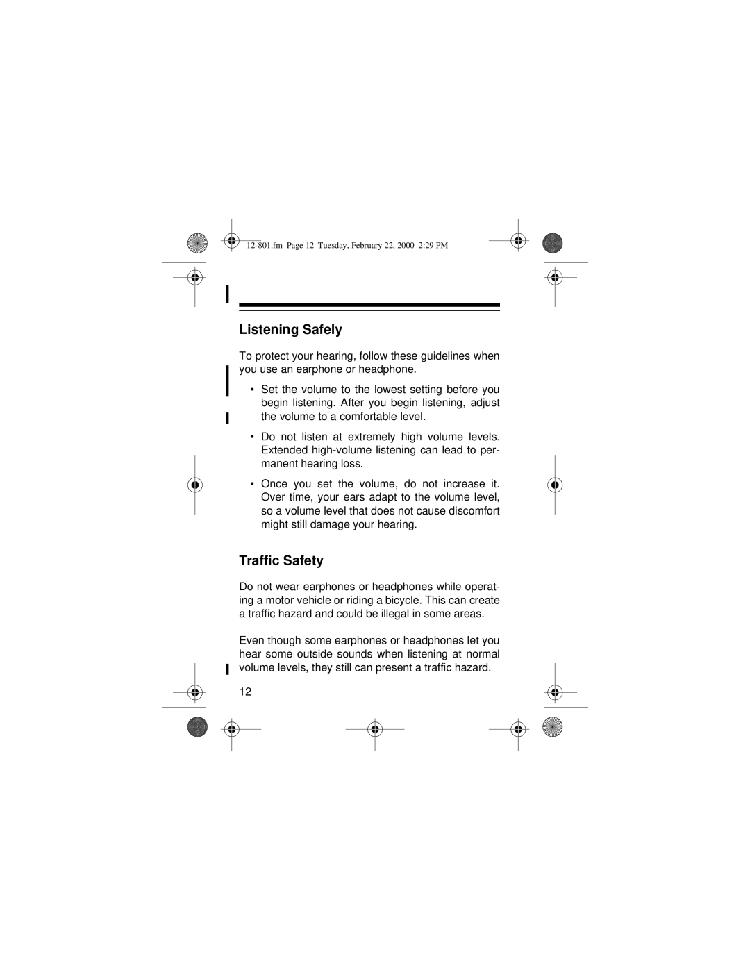 Radio Shack 12-801 owner manual Listening Safely 