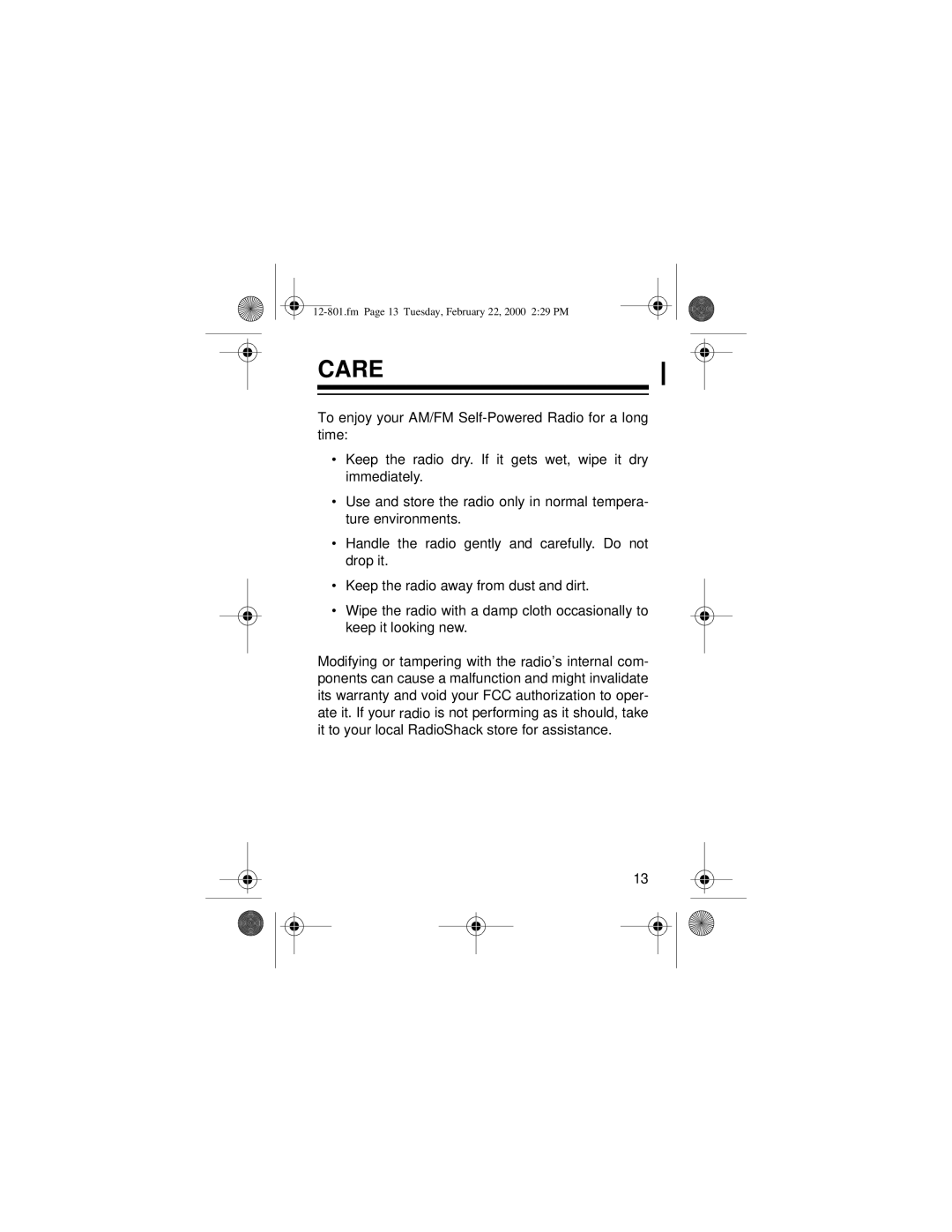 Radio Shack 12-801 owner manual Care 