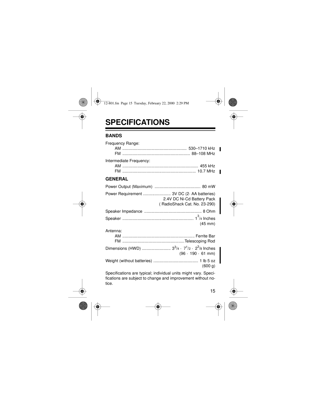 Radio Shack 12-801 owner manual Specifications, General 