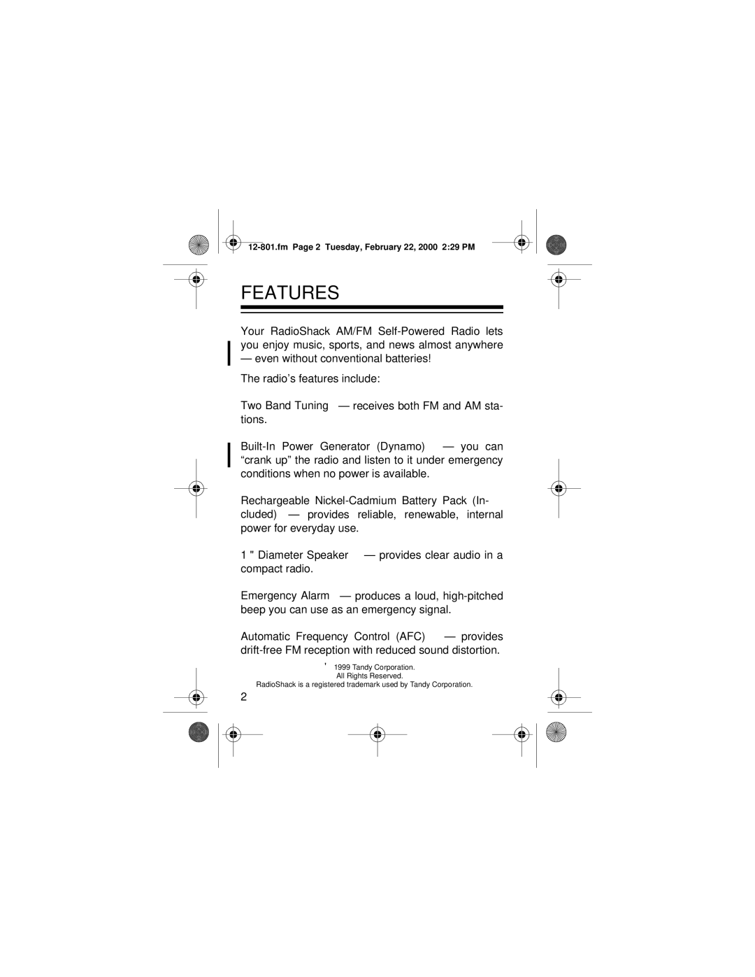 Radio Shack 12-801 owner manual Features 