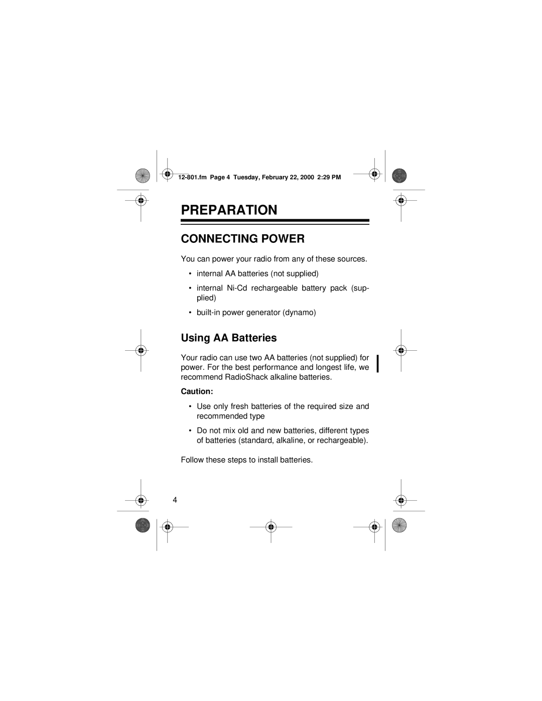 Radio Shack 12-801 owner manual Preparation, Connecting Power 