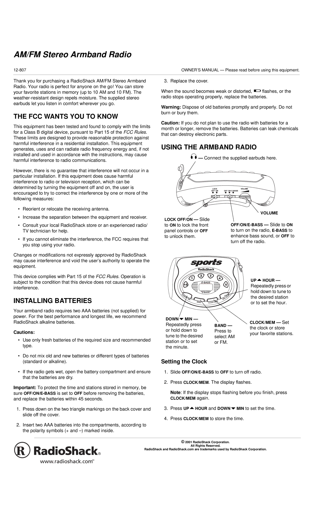 Radio Shack 12-807 owner manual FCC Wants YOU to Know, Using the Armband Radio, Installing Batteries, Setting the Clock 