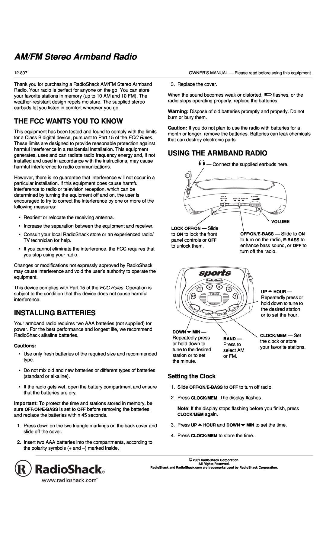 Radio Shack 12-807 owner manual The Fcc Wants You To Know, Using The Armband Radio, Installing Batteries, Cautions 