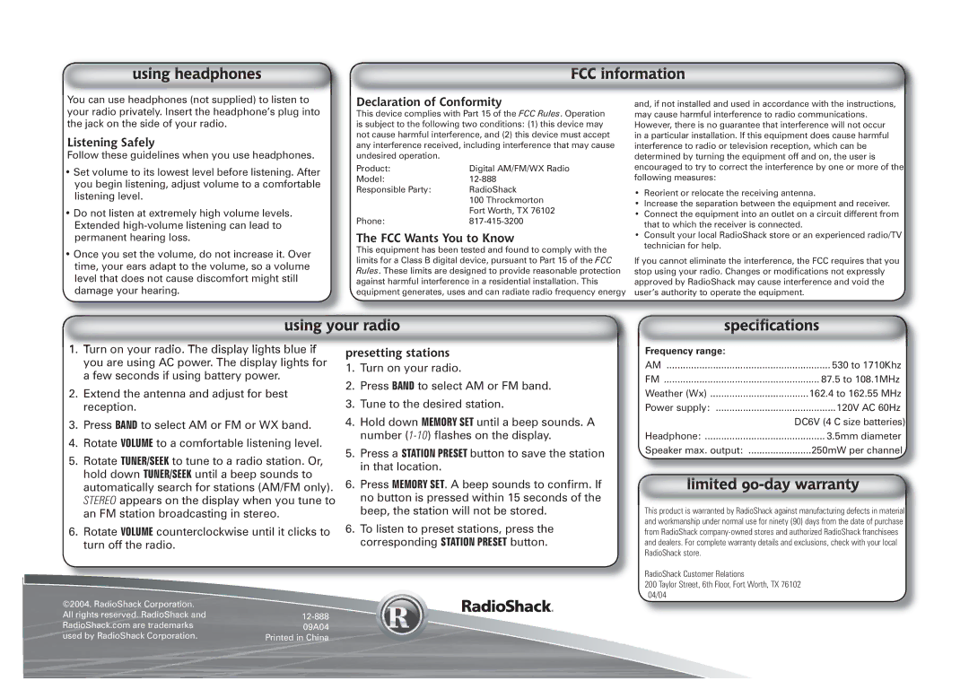 Radio Shack 12-888 user service Listening Safely, Declaration of Conformity, FCC Wants You to Know, Presetting stations 