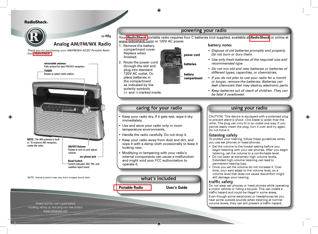 Radio Shack 12-889 manual Powering your radio Analog AM/FM/WX Radio, Caring for your radio, Using your radio 