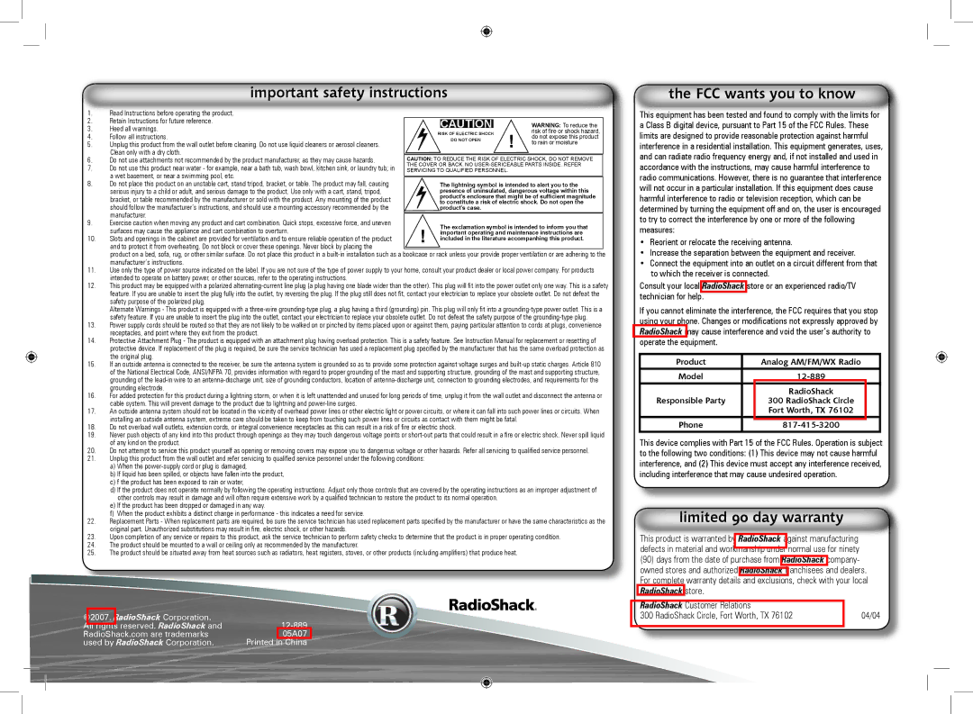 Radio Shack 12-889 manual Important safety instructions, FCC wants you to know, Limited 90 day warranty 