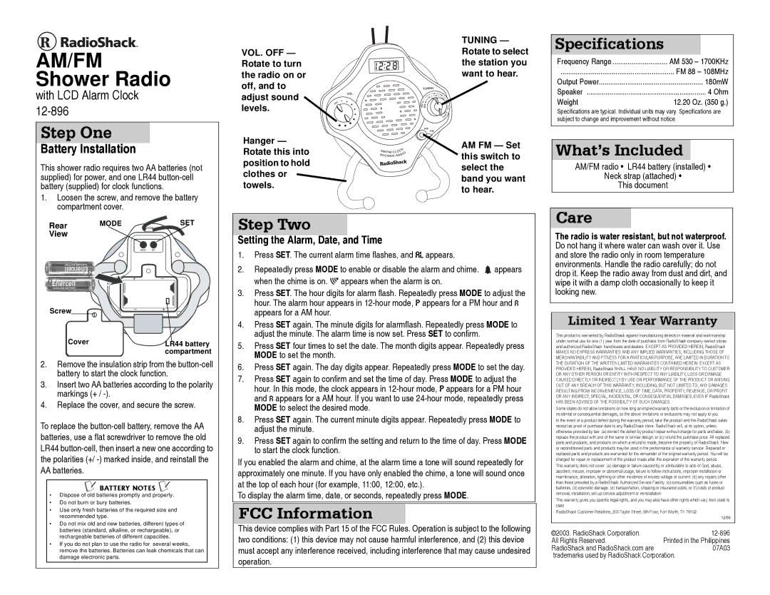 Radio Shack 12-896 specifications Com artme t cover, AA batteries 