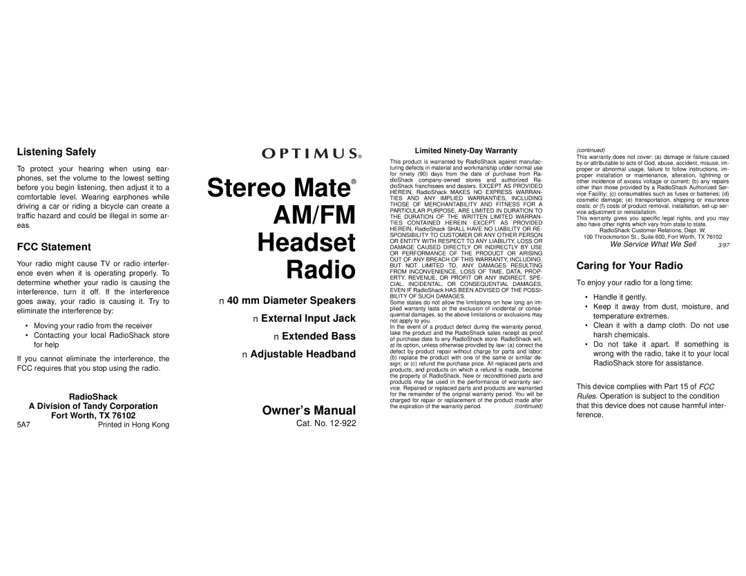 Radio Shack 12-922 owner manual Listening Safely, FCC Statement, Caring for Your Radio, Cat. No 