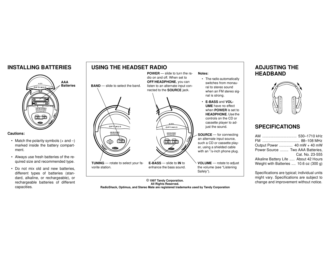 Radio Shack 12-922 owner manual Installing Batteries Using the Headset Radio Adjusting, Headband Specifications 