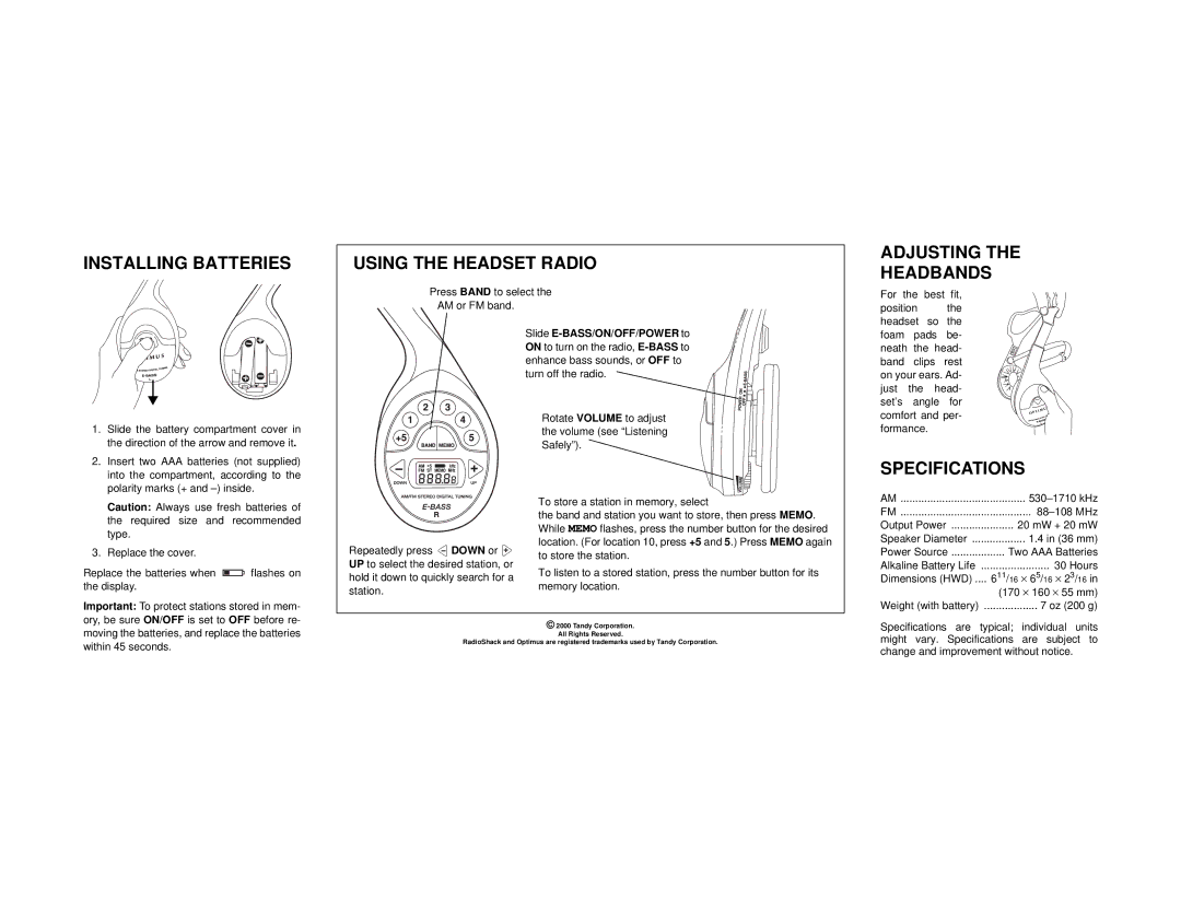 Radio Shack 12-928 owner manual Installing Batteries Using the Headset Radio, Adjusting the Headbands, Specifications 