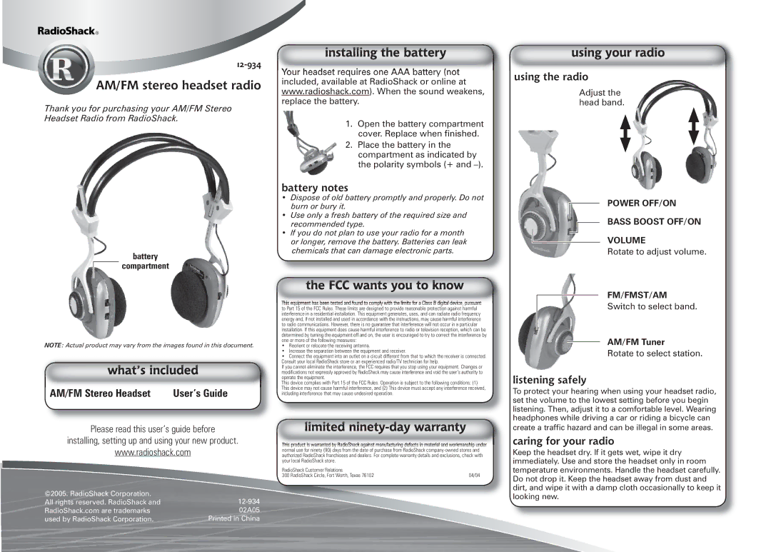 Radio Shack 12-934 warranty AM/FM stereo headset radio, AM/FM Stereo Headset User’s Guide 