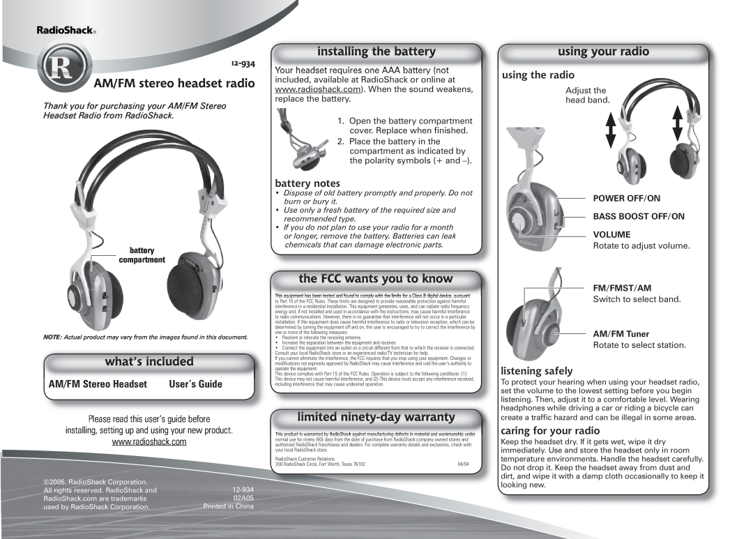Radio Shack 12-934 warranty AM/FM stereo headset radio, AM/FM Stereo Headset User’s Guide, battery notes, using the radio 