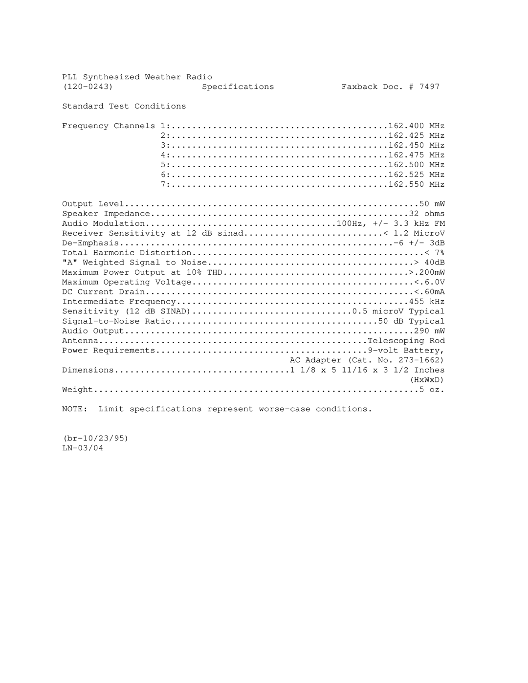 Radio Shack 120-0243 manual MHz 162.425 162.450 162.475 162.500 162.525 162.550 