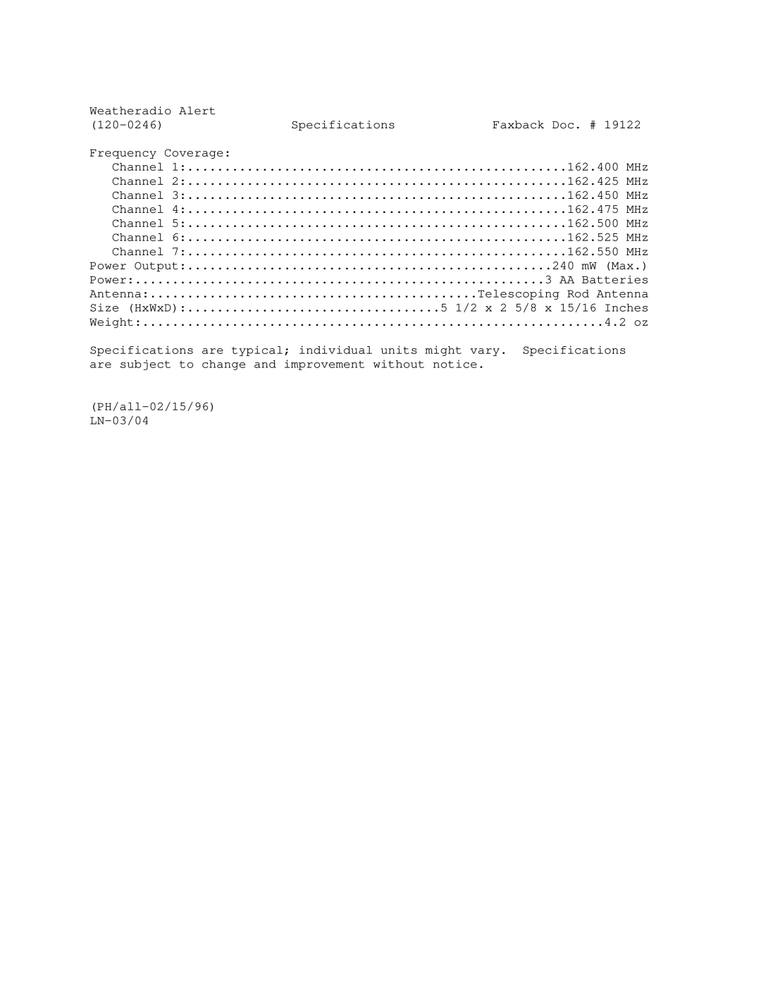 Radio Shack manual Weatheradio Alert Specifications Faxback Doc. # 120-0246 