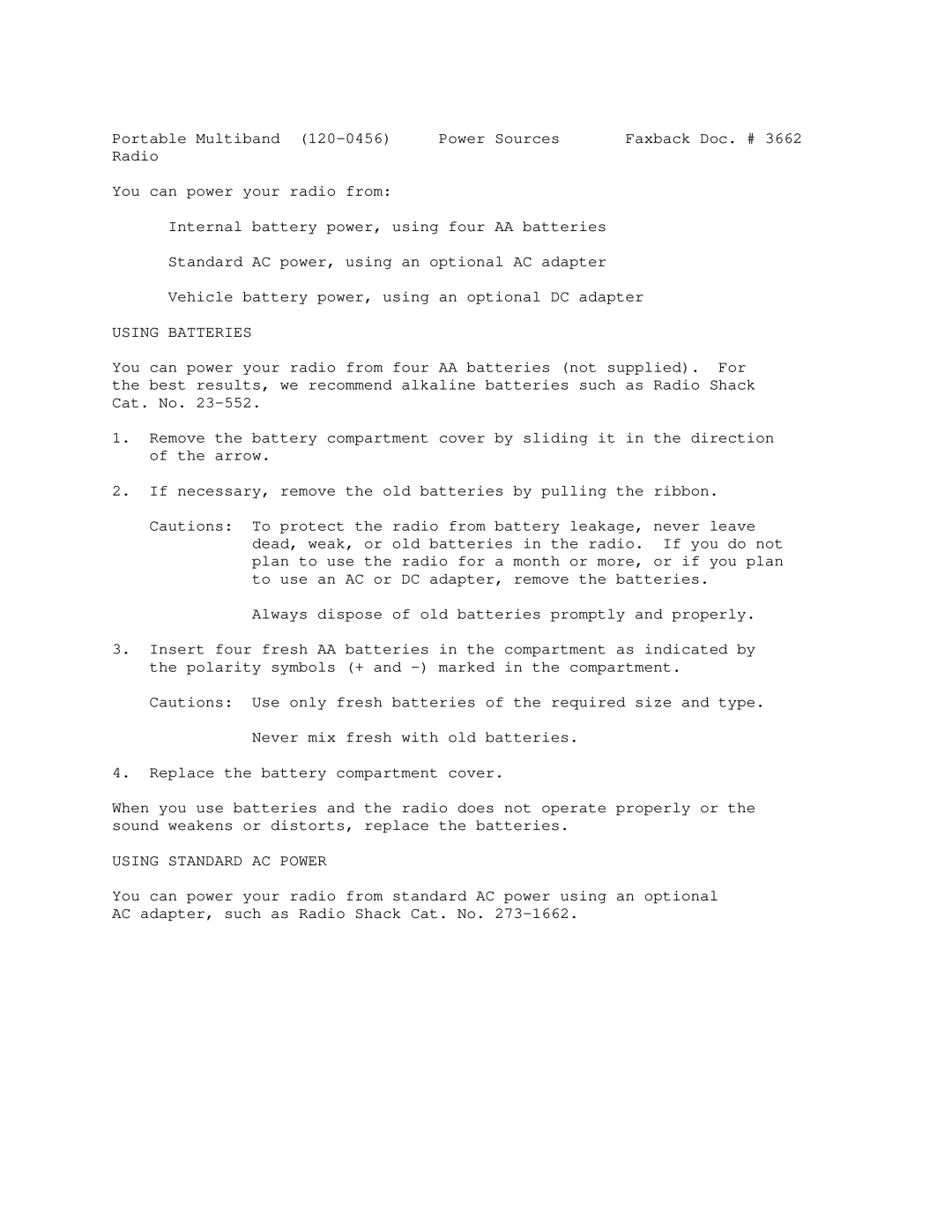 Radio Shack 120-0456 manual Using Batteries, Using Standard AC Power 