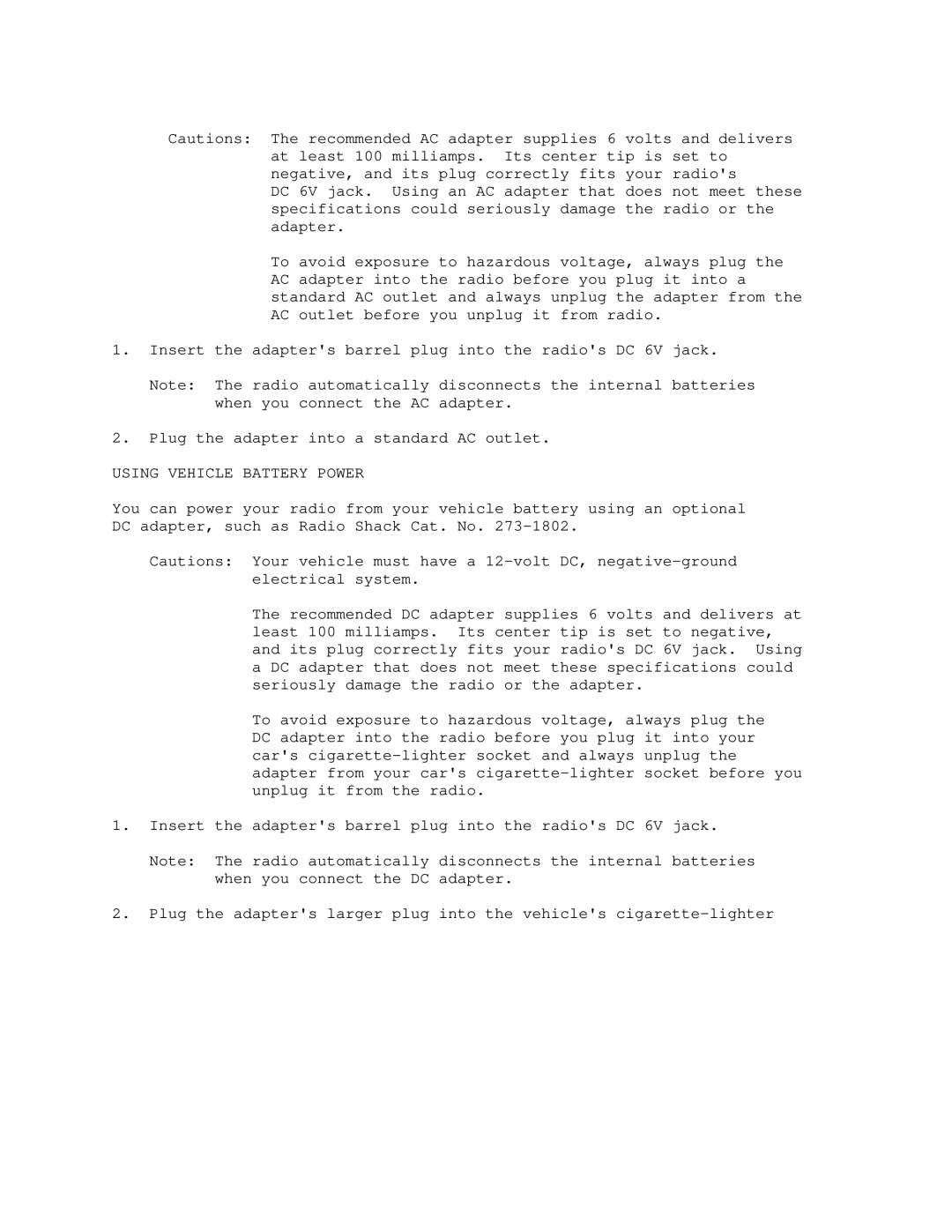 Radio Shack 120-0456 manual Using Vehicle Battery Power 