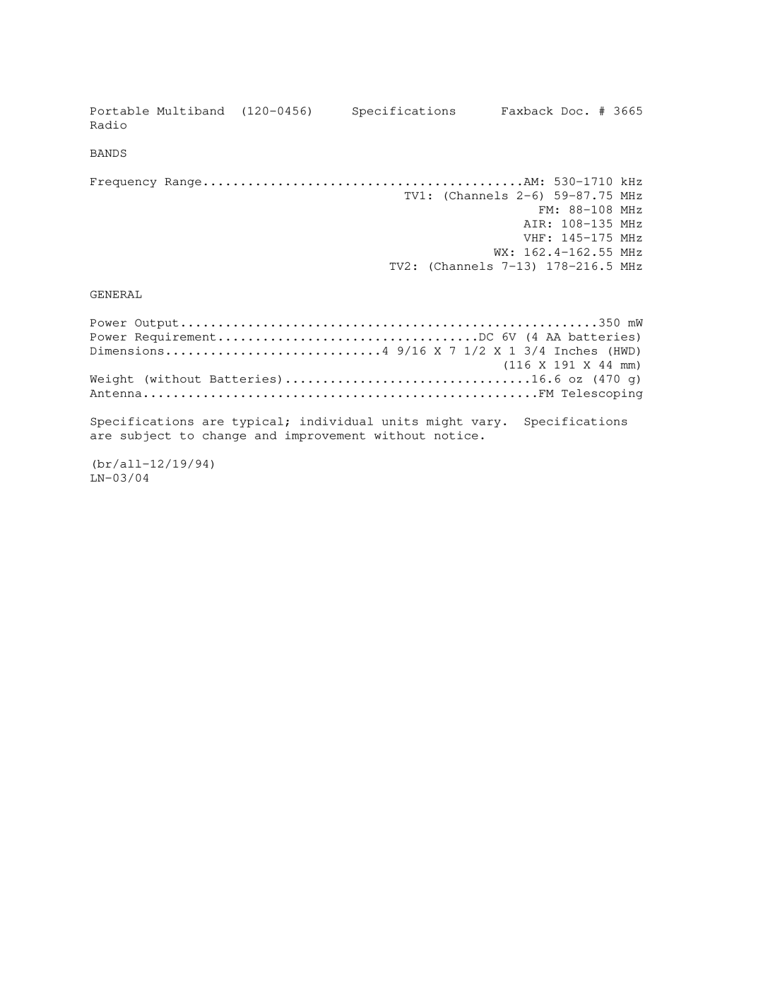 Radio Shack 120-0456 manual Bands, General 