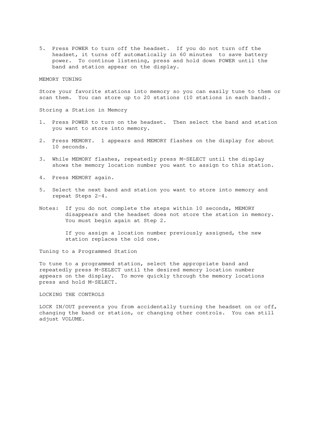 Radio Shack 120-0912 manual Memory Tuning, Locking the Controls 