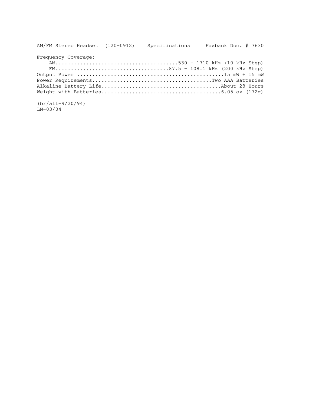 Radio Shack 120-0912 manual AM/FM Stereo Headset Specifications Faxback Doc. # 