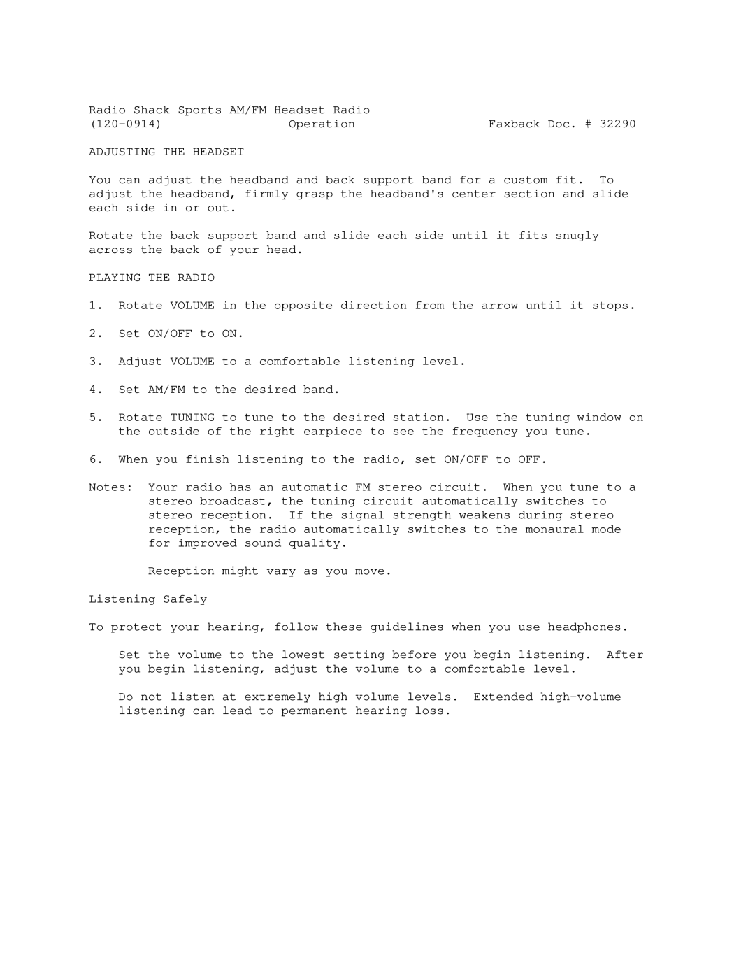 Radio Shack 120-0914 manual Adjusting the Headset, Playing the Radio 
