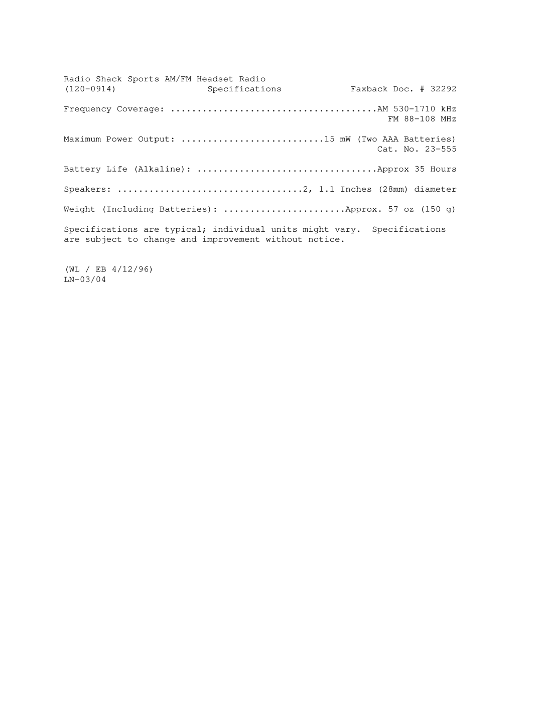 Radio Shack 120-0914 manual KHz 